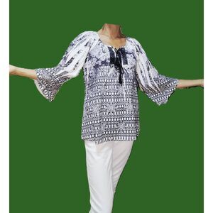 One World Black White Boho Floral Geometric Tassel Tie Flowy Top Size Small